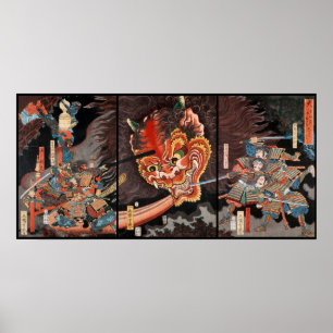 Affiche Triptyque japonais vintage : Samurai vs Oni King