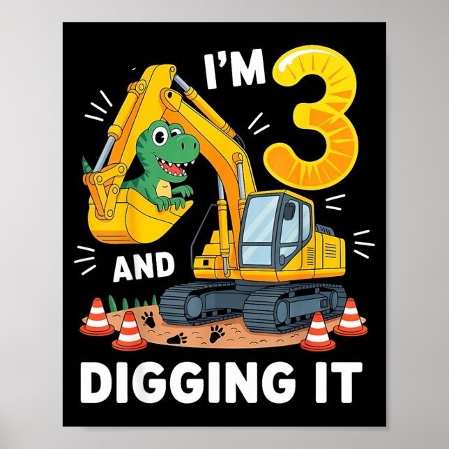 Affiche Trois 3 ans 3e anniversaire Construction Dinosaure (Devant)