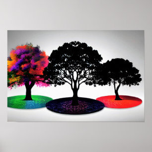 Affiche Trois arbres Dreamlike vifs avec Arrière - plan bl
