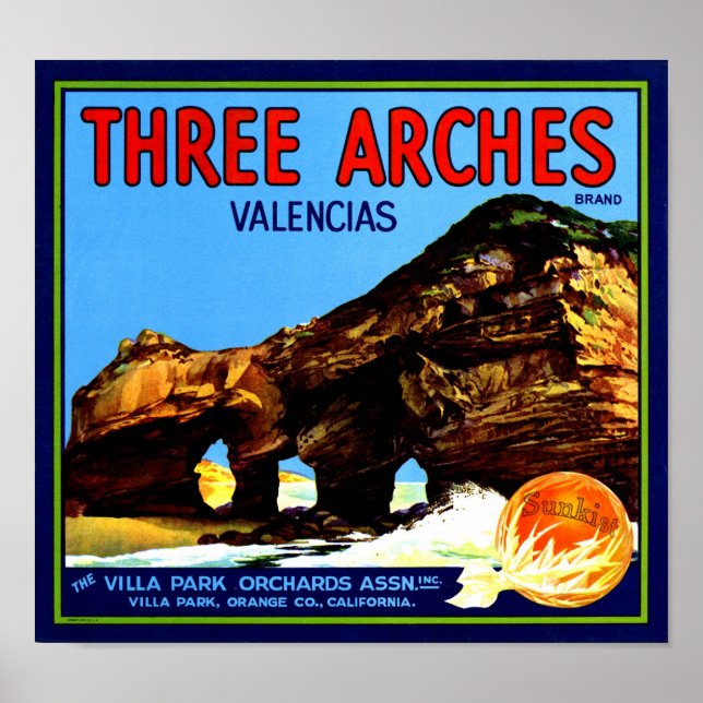 Affiche Trois Arches Valencia Oranges Fruit Étiquette (Devant)
