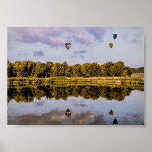 Affiche Trois ballons à air chaud dérivant sur un paysage