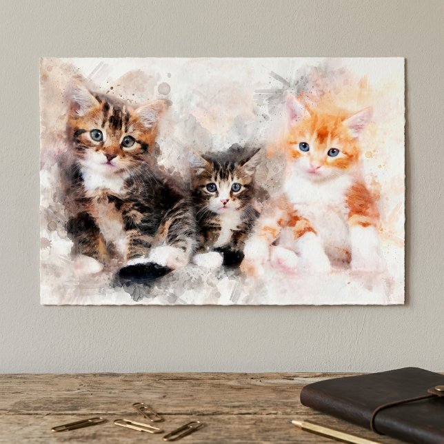 Affiche Trois beaux et mignons chatons aquarelle (Three beautiful and cute kittens watercolor. poster)