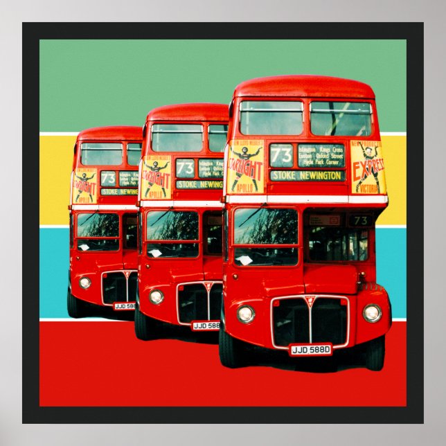 Affiche Trois bus londoniens Arrière - plan de bandes colo (Devant)