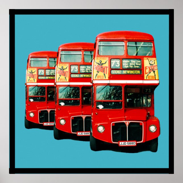 Affiche Trois bus londoniens sur Arrière - plan Turquoise (Devant)