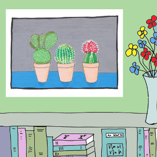 Affiche Trois cactus dans les pots, art mignon, naïf