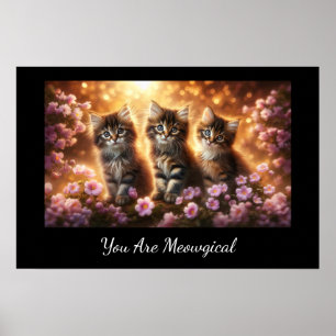 Affiche Trois chatons mignons aux fleurs roses