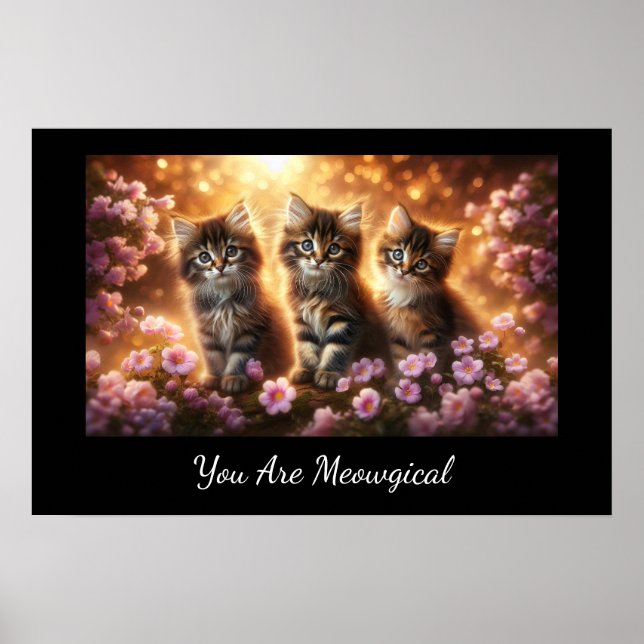 Affiche Trois chatons mignons aux fleurs roses (Devant)