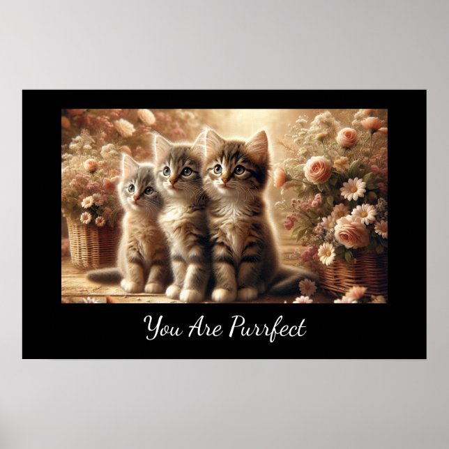 Affiche Trois chatons Tabby adorables avec fleurs (Devant)