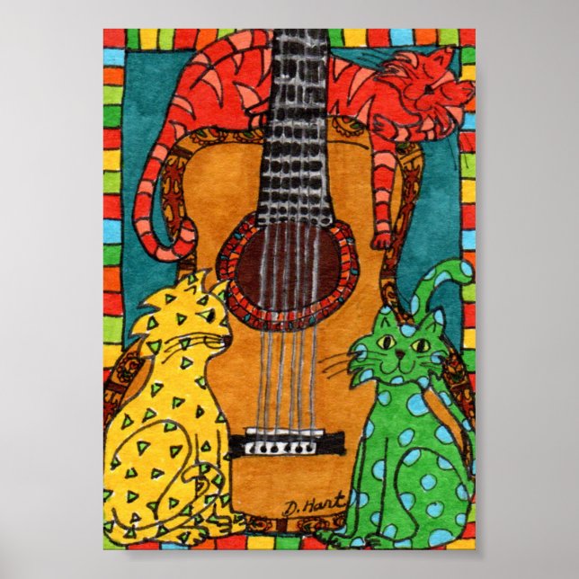 Affiche Trois chats avec guitare Mini art populaire (Devant)