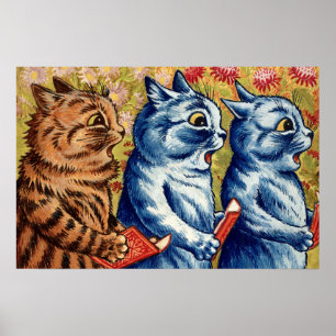 Affiche Trois chats chantent. Gouache par Louis Wain, 1925