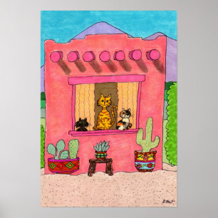 Affiche Trois chats dans Adobe House rose