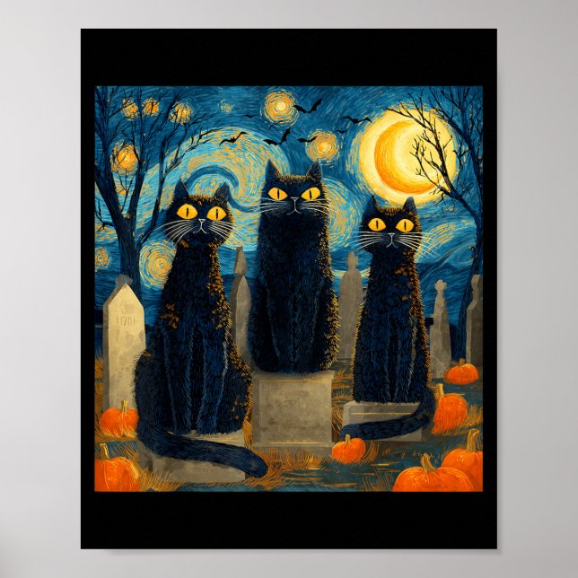 Affiche Trois chats noirs nuit étoilée Van Gogh citrouille (Devant)