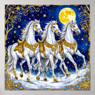 Affiche Trois Chevaux Blancs Sous un Ciel Nocturne Étoilé