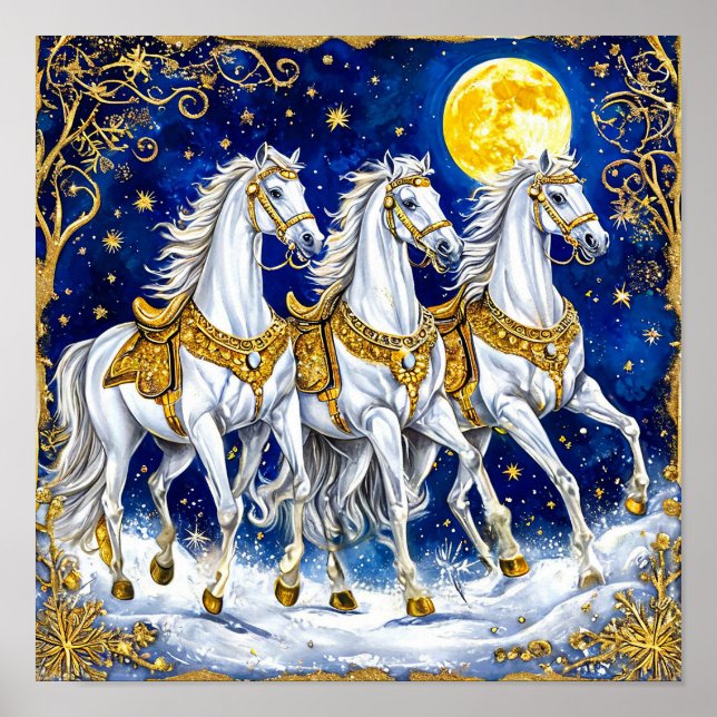 Affiche Trois Chevaux Blancs Sous un Ciel Nocturne Étoilé (Devant)