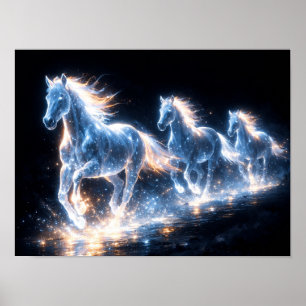 Affiche Trois chevaux lumineux courant dans le noir