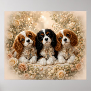 Affiche Trois chiots Cavalier King Charles Spaniel ensembl
