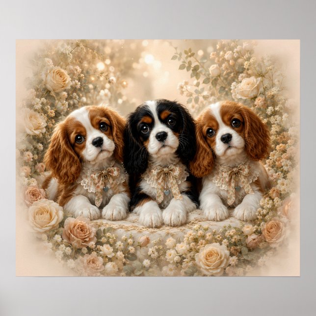 Affiche Trois chiots Cavalier King Charles Spaniel ensembl (Devant)