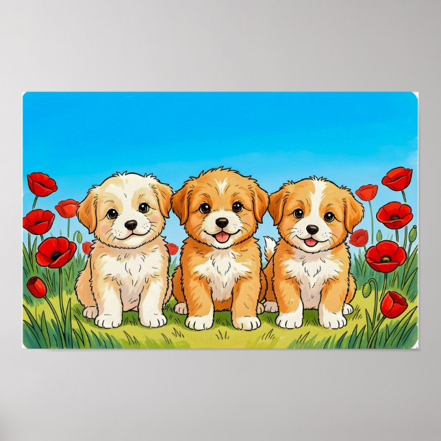 Affiche Trois chiots mignons & Coquelicots rouges (Devant)