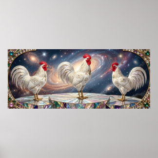 Affiche Trois coqs blancs.