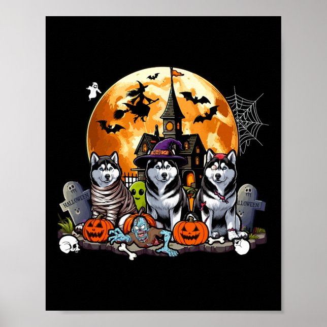 Affiche Trois Huskies Halloween comme Horreur sorcière mam (Devant)