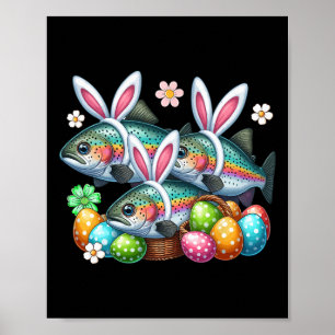 Affiche Trois lapins de Pâques truites poissons chasse œuf