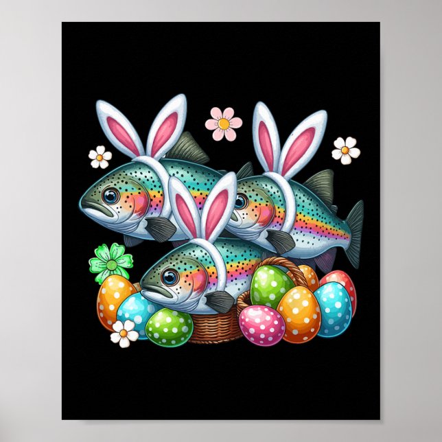Affiche Trois lapins de Pâques truites poissons chasse œuf (Devant)