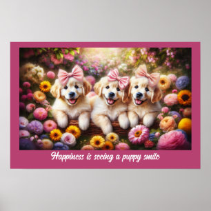 Affiche Trois Marionnettes Golden Retriever avec des fleur