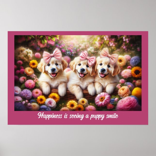 Affiche Trois Marionnettes Golden Retriever avec des fleur (Devant)
