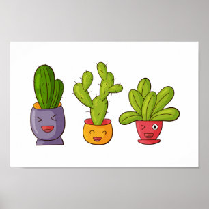 Affiche Trois mignons cactus dans des pots de fleurs Illus