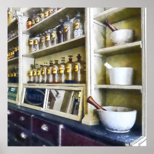 Affiche Trois mortiers et pilons en pharmacie