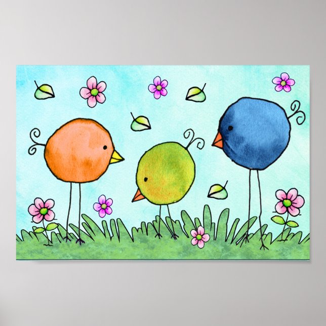 Affiche Trois oiseaux aquarelles fantaisistes (Devant)