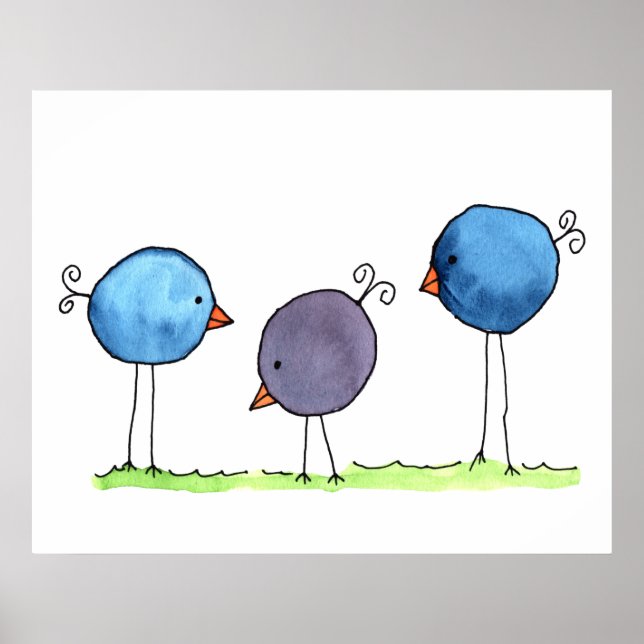 Affiche Trois oiseaux aquarelles fantaisistes (Devant)