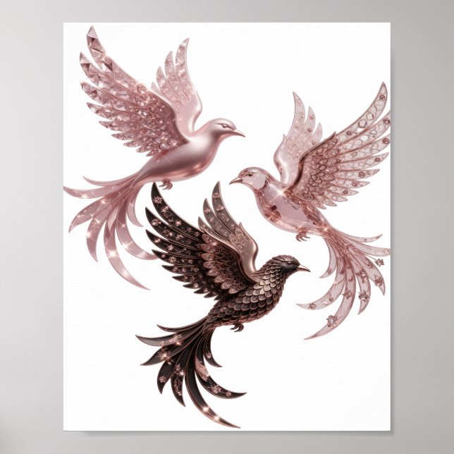 Affiche Trois oiseaux en or rose argentés propres (Devant)