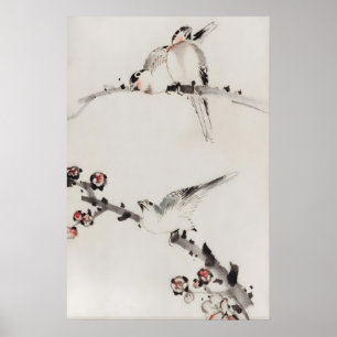 Affiche Trois oiseaux perchés sur des branches Art fin jap