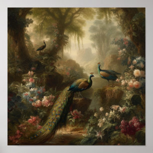 Affiche Trois paons dans une peinture à l'huile de forêt e
