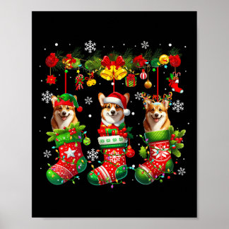 Affiche Trois Père Noël Elf Corgis dans Xmas Chaussettes P