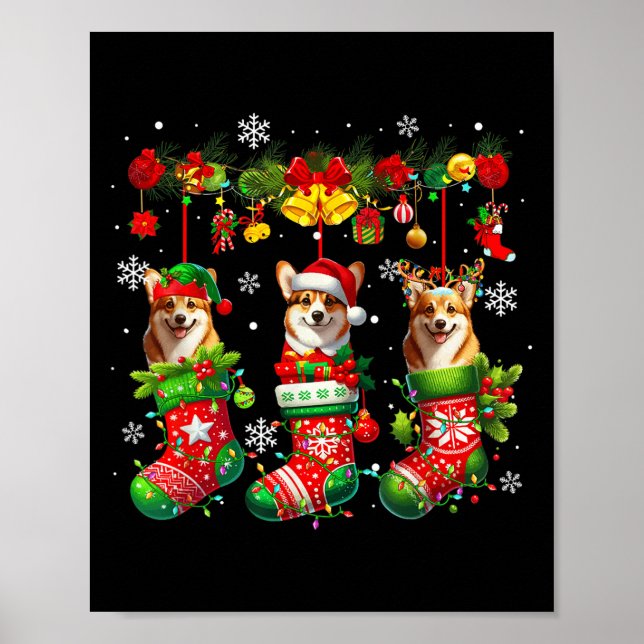 Affiche Trois Père Noël Elf Corgis dans Xmas Chaussettes P (Devant)