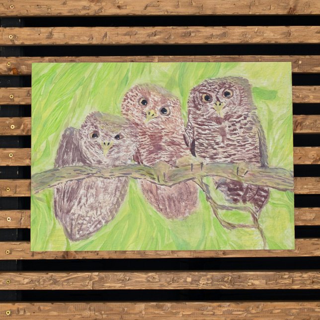 Affiche Trois Petites Chouettes - peinture acrylique. (Créateur téléchargé)