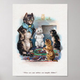 Affiche Trois petits chatons et mère, Louis Wain