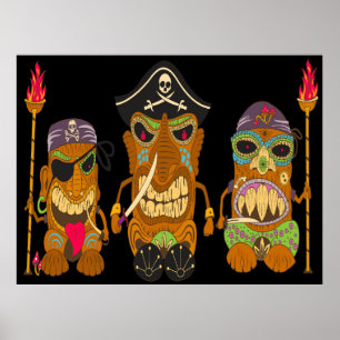 Affiche Trois Pirates Tiki, Noir Drôle