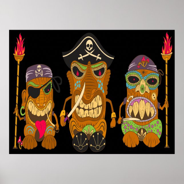 Affiche Trois Pirates Tiki, Noir Drôle (Devant)