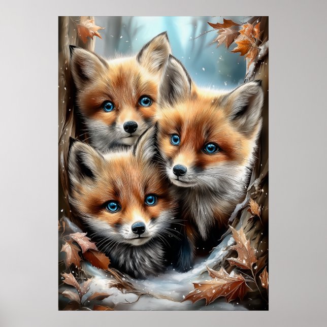 Affiche Trois Renardeaux Mignons en Forêt (Devant)