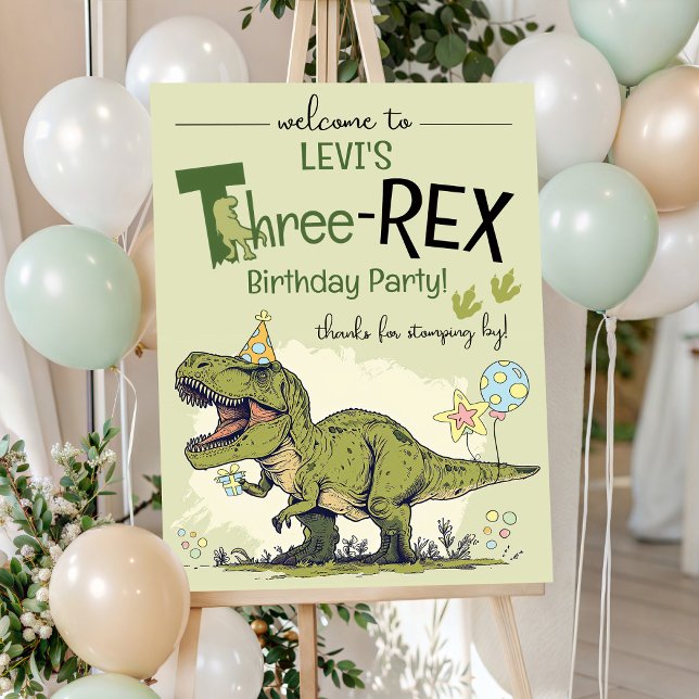 Affiche Trois-Rex Mignon Dinosaure 3ème Anniversaire Bienv (Funny Three-Rex Cute T Rex Dinosaur 3rd Birthday Party Welcome Poster Sign, personalized, digital)