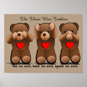 Affiche Trois Singes Sages, Ours Teddy Imprimer