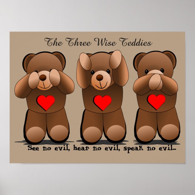 Affiche Trois Singes Sages, Ours Teddy Imprimer (Devant)