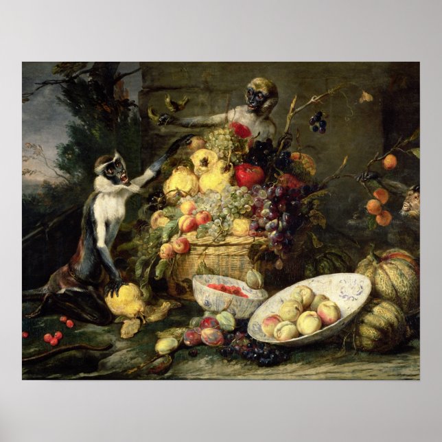 Affiche Trois singes Volant des fruits (huile sur toile) (Devant)
