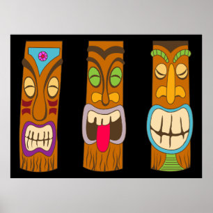 Affiche Trois statues Tiki en bois, drôle noir