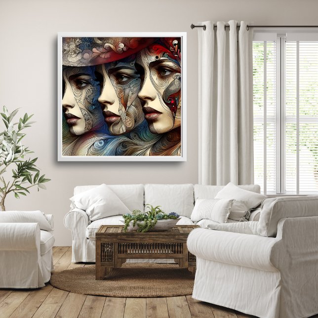 Affiche Trois visages féminins élégants en profil - Œuvre  (Elegant Three Female Faces Profile Artwork Poster Mockup 1)