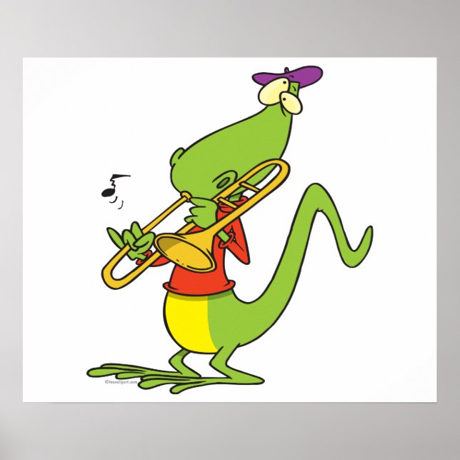 Affiche trombone jazzy jouant dessin animé de lézard (Devant)
