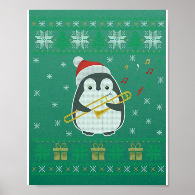 Affiche Trombone Vilain Chandail de Noël Penguin Noël Fami (Devant)